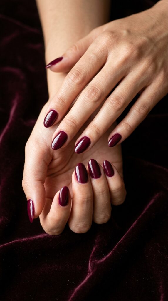 25 Stunning Short Almond Nail Ideas for 2026 to Elevate Your Style 10 Two hands burgundy 202604242238