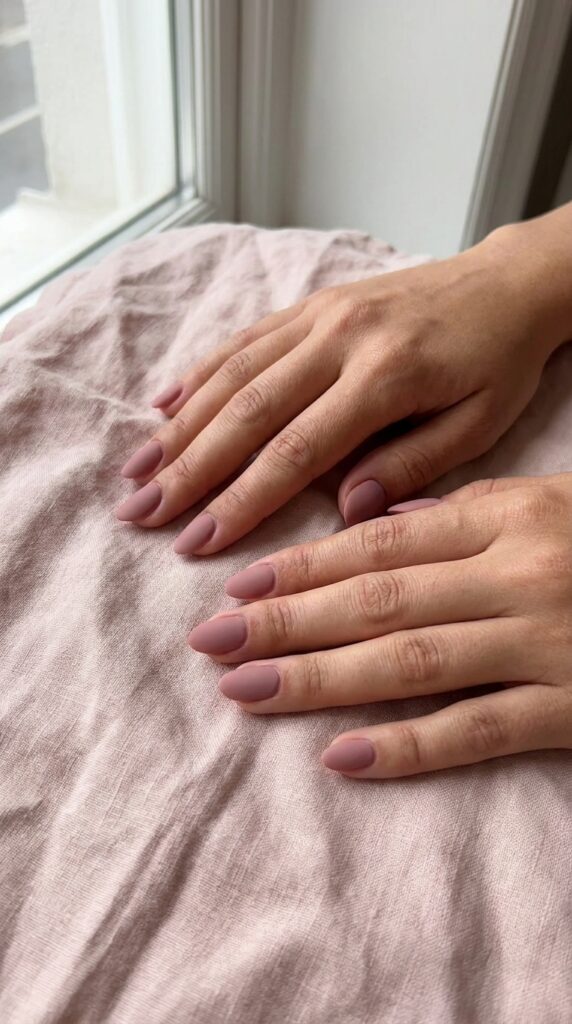 25 Stunning Short Almond Nail Ideas for 2026 to Elevate Your Style 7 Two hands dusty 202604242234