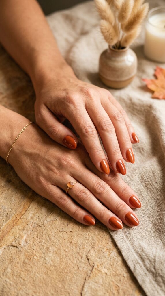 25 Stunning Short Almond Nail Ideas for 2026 to Elevate Your Style 16 Two hands terracotta 202604242303
