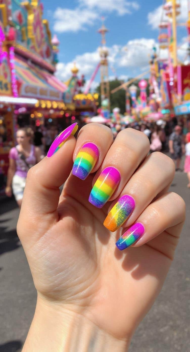 Colorful rainbow nail art with bright patterns and summer backdrop