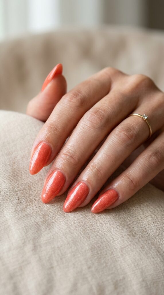 20 July Almond Nail Ideas That Hit Every Summer Trend Ideas to Elevate Your Style 13 Almond nails coral shimmer 202605041052