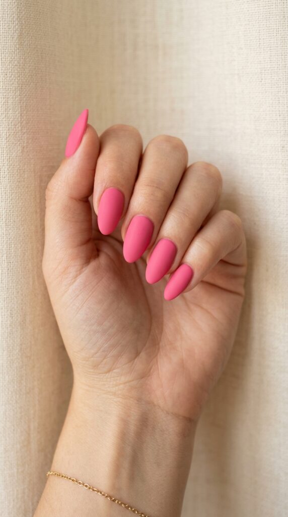 20 July Almond Nail Ideas That Hit Every Summer Trend Ideas to Elevate Your Style 15 Almond nails flamingo pink matte 202605041053