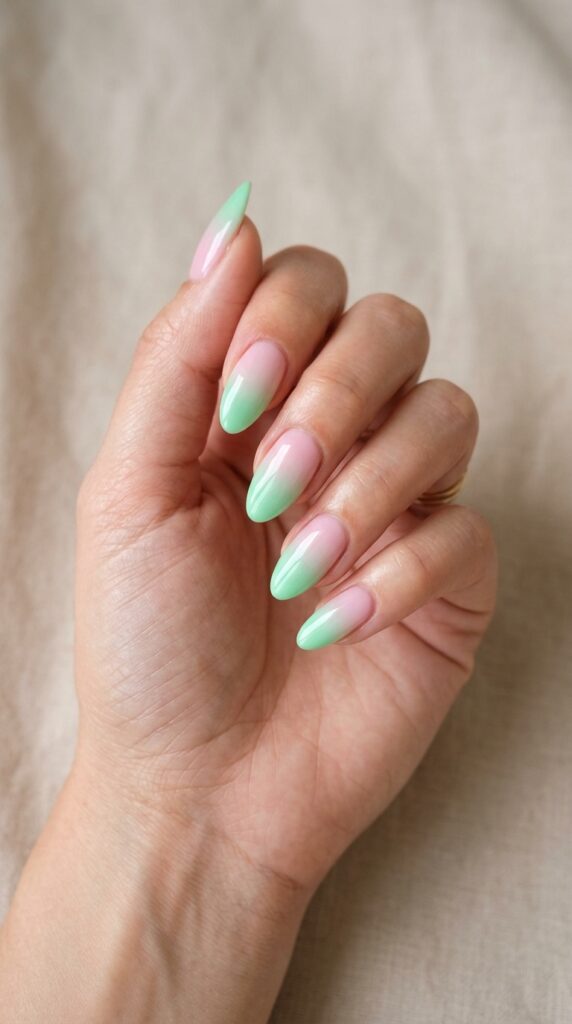 20 July Almond Nail Ideas That Hit Every Summer Trend Ideas to Elevate Your Style 17 Almond nails pink green gradient 202605041055