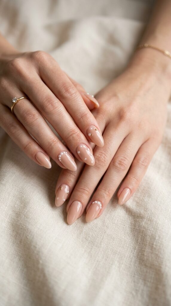 20 July Almond Nail Ideas That Hit Every Summer Trend Ideas to Elevate Your Style 18 Almond nude glossy nails pearl 202605041056