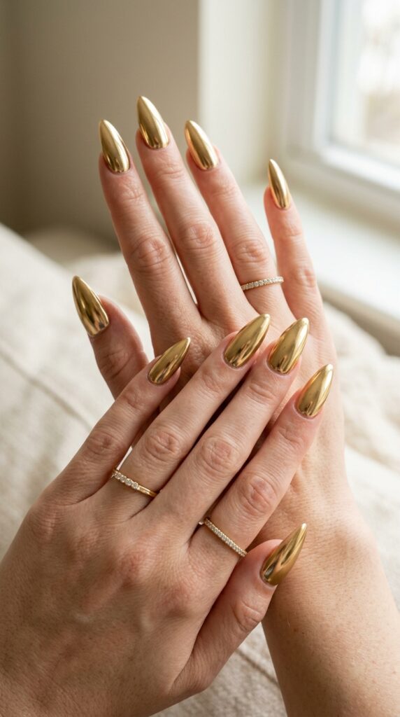 25 Chrome Nail Ideas to Elevate Your Style 14 Feminine hands with gold nails 202605031246