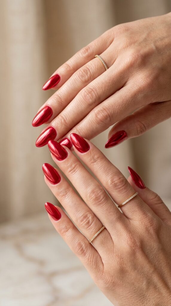 25 Chrome Nail Ideas to Elevate Your Style 26 Feminine hands with red chrome 202605031254