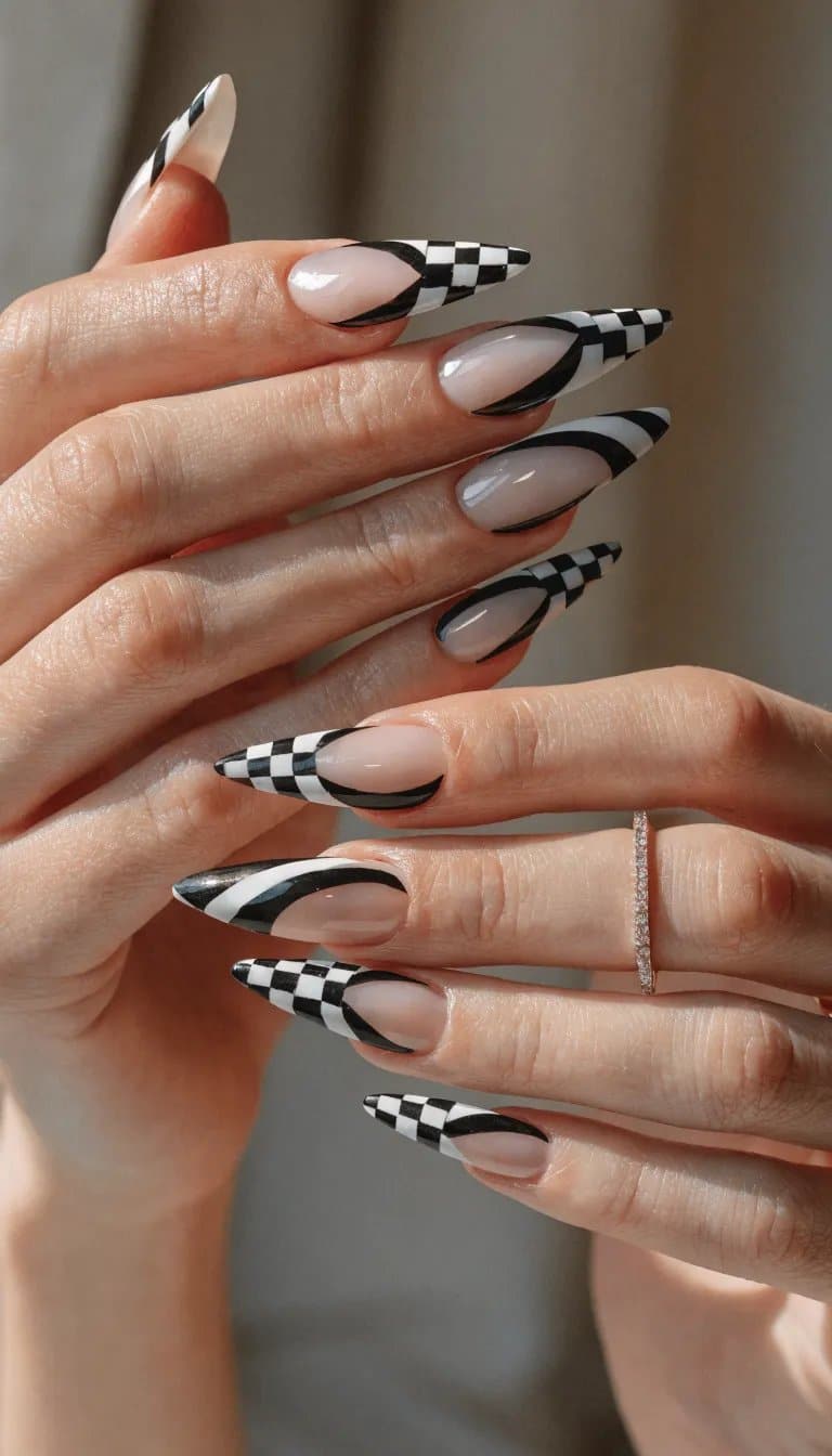 12 Simple Nail Designs You Can Do at Home 3 Close-up of elegant geometric nail art featuring black and white designs.