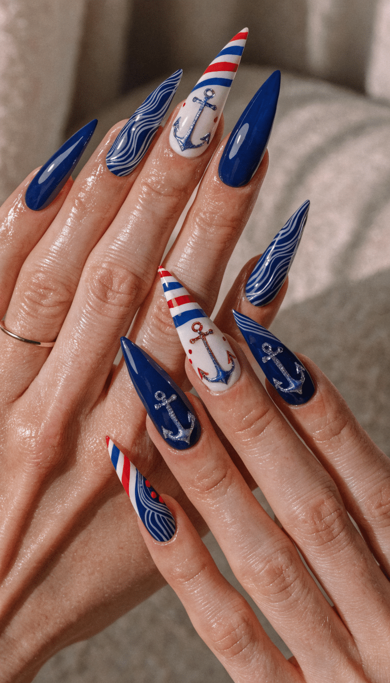 20 Stunning Red, White, and Blue Nail Art Designs for Patriotic Celebrations 9 Red, white, and blue nautical themed nails with anchor designs