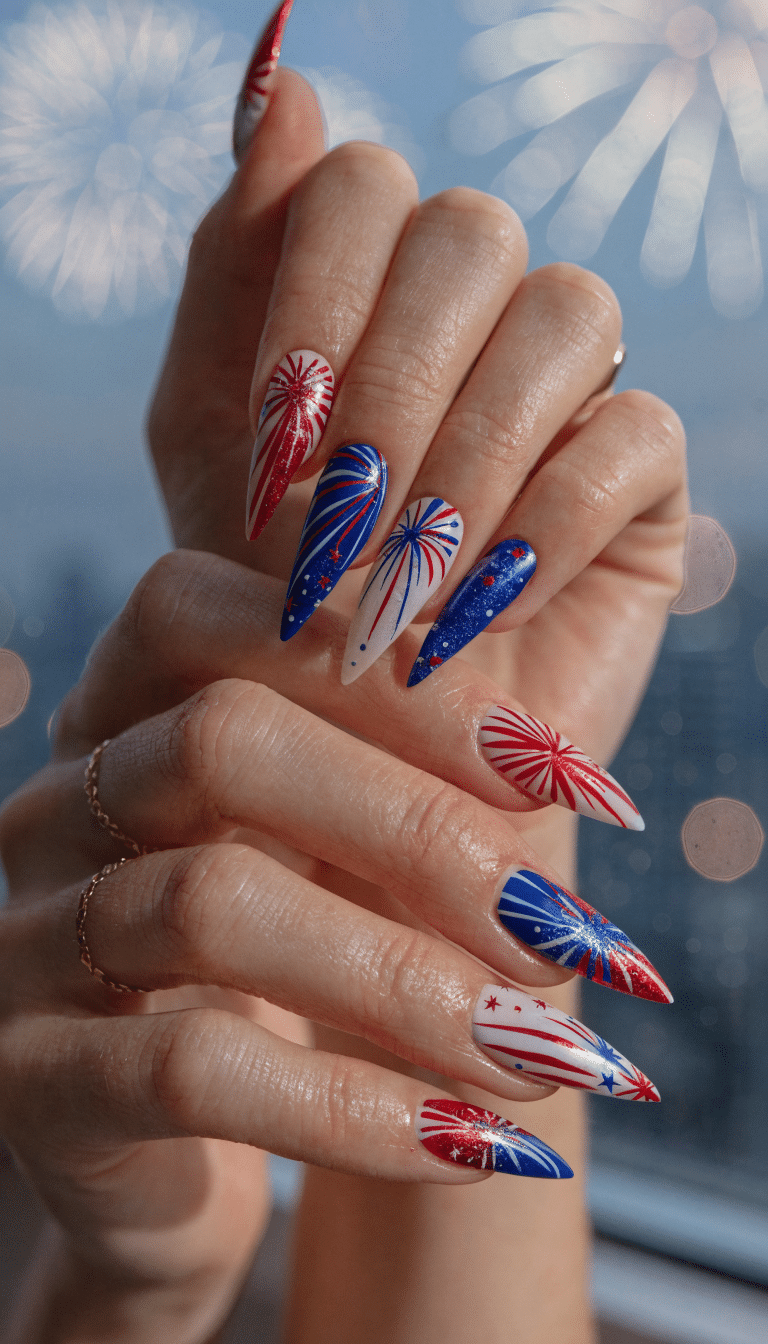 20 Stunning Red, White, and Blue Nail Art Designs for Patriotic Celebrations 21 A close-up of firework-inspired nail art with red, white, and blue colors and intricate designs.