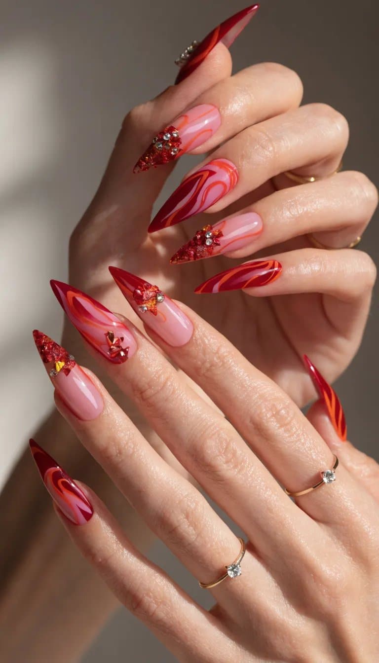 Stylish nails featuring red and pink firecracker designs with gems.