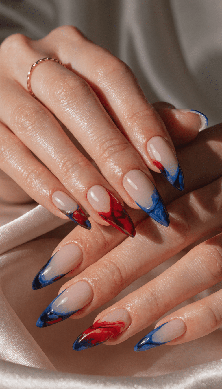20 Stunning Red, White, and Blue Nail Art Designs for Patriotic Celebrations 18 Nail art featuring a classic French tip design with red and blue colorful tips on a nude base.