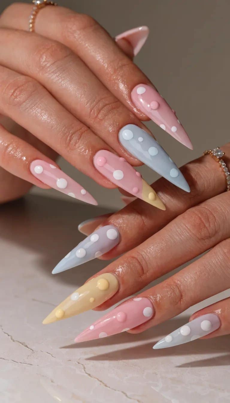 12 Simple Nail Designs You Can Do at Home 4 Stylish nails with polka dot accents in pastel colors, featuring pointed shapes.