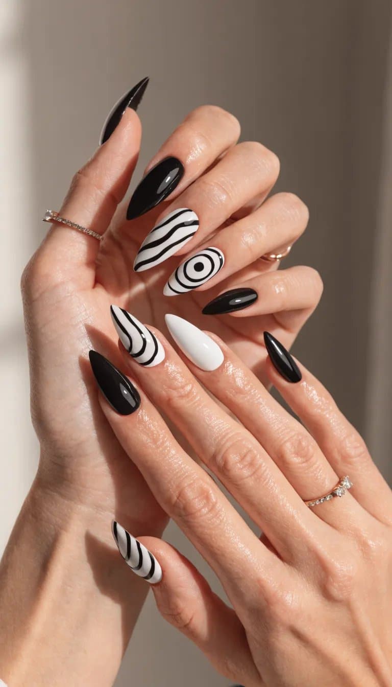 17 Stunning Nail Ideas to Try This Season 15 Minimalist black and white nail design featuring various patterns on almond-shaped nails.