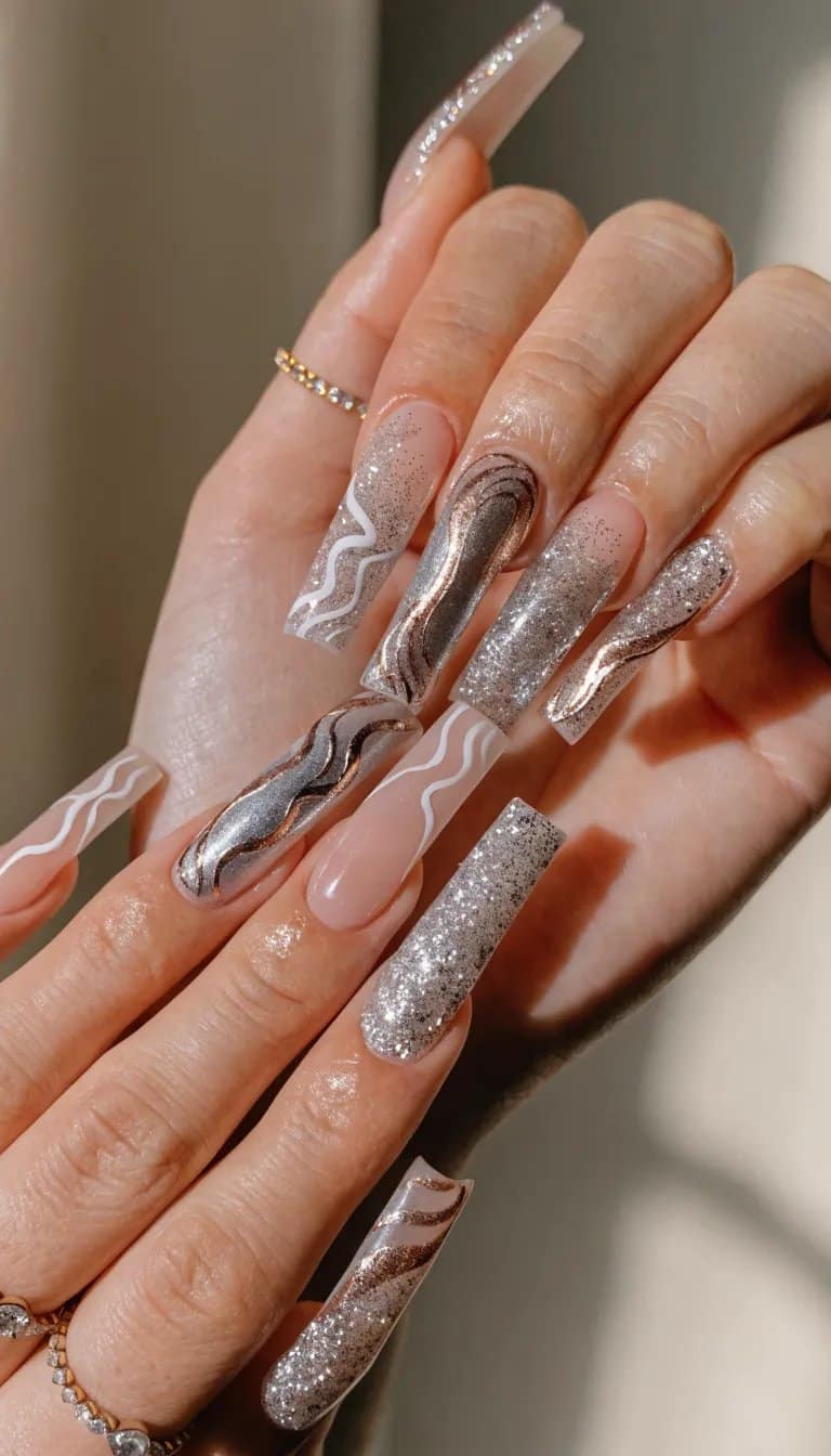 17 Stunning Nail Ideas to Try This Season 12 Nails with metallic and glitter accents in silver and gold tones, showcasing intricate designs.