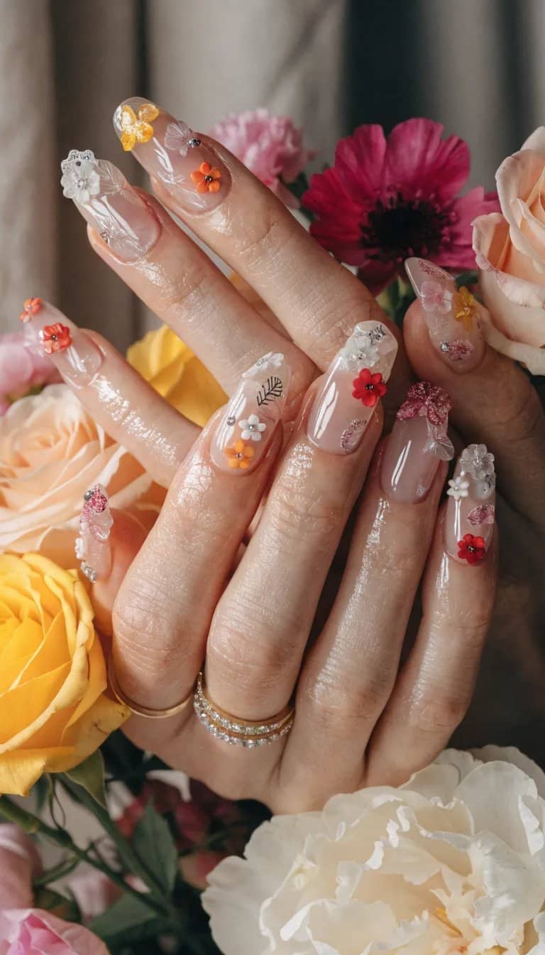 17 Stunning Nail Ideas to Try This Season 13 Nails with floral art design surrounded by colorful roses