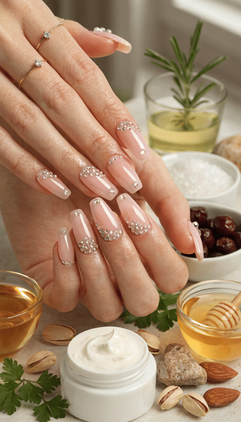 12 Simple Nail Designs You Can Do at Home 12 Close-up of elegantly manicured nails with rhinestones, surrounded by natural oils, a cream jar, and nuts on a light surface.