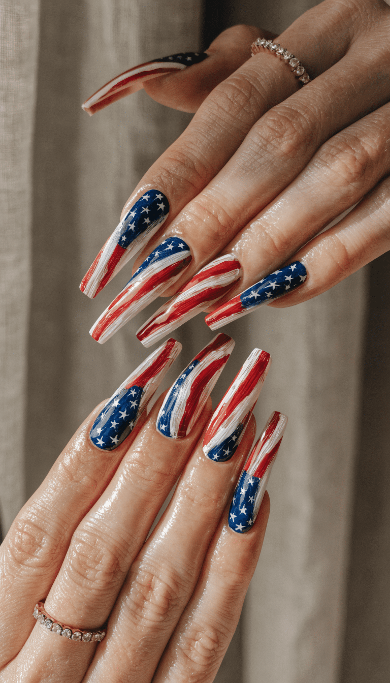 A close-up of nails decorated with the American flag design, showcasing red, white, and blue stripes and stars.