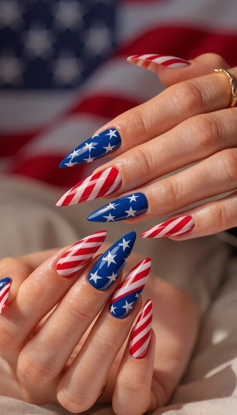 20 Stunning Red, White, and Blue Nail Art Designs for Patriotic Celebrations 14 Nails featuring red, white, and blue stars and stripes nail art