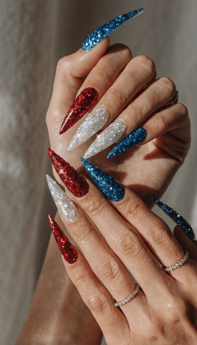 A close-up of hands with glittery patriotic nails in red, white, and blue, showcasing a festive 4th of July theme.