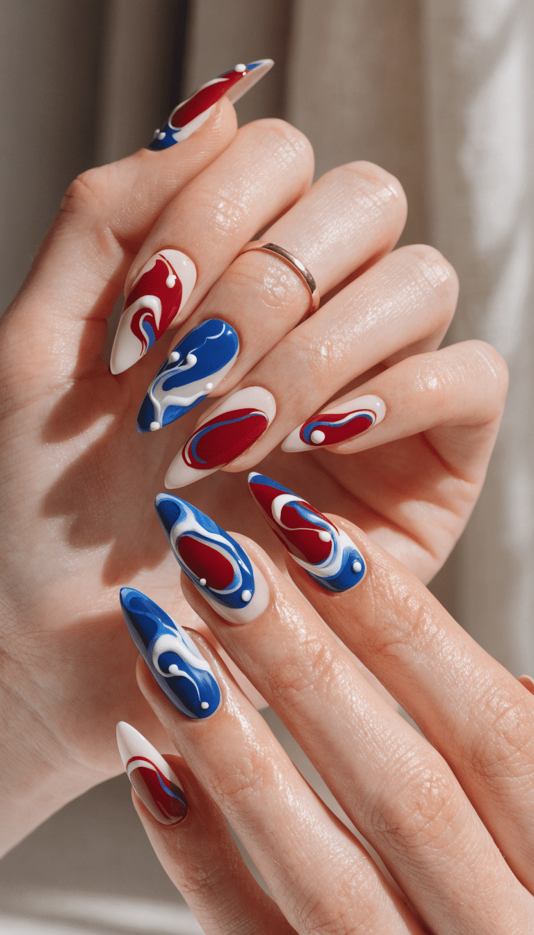 20 Stunning Red, White, and Blue Nail Art Designs for Patriotic Celebrations 7 Nails with red, white, and blue abstract wave patterns.