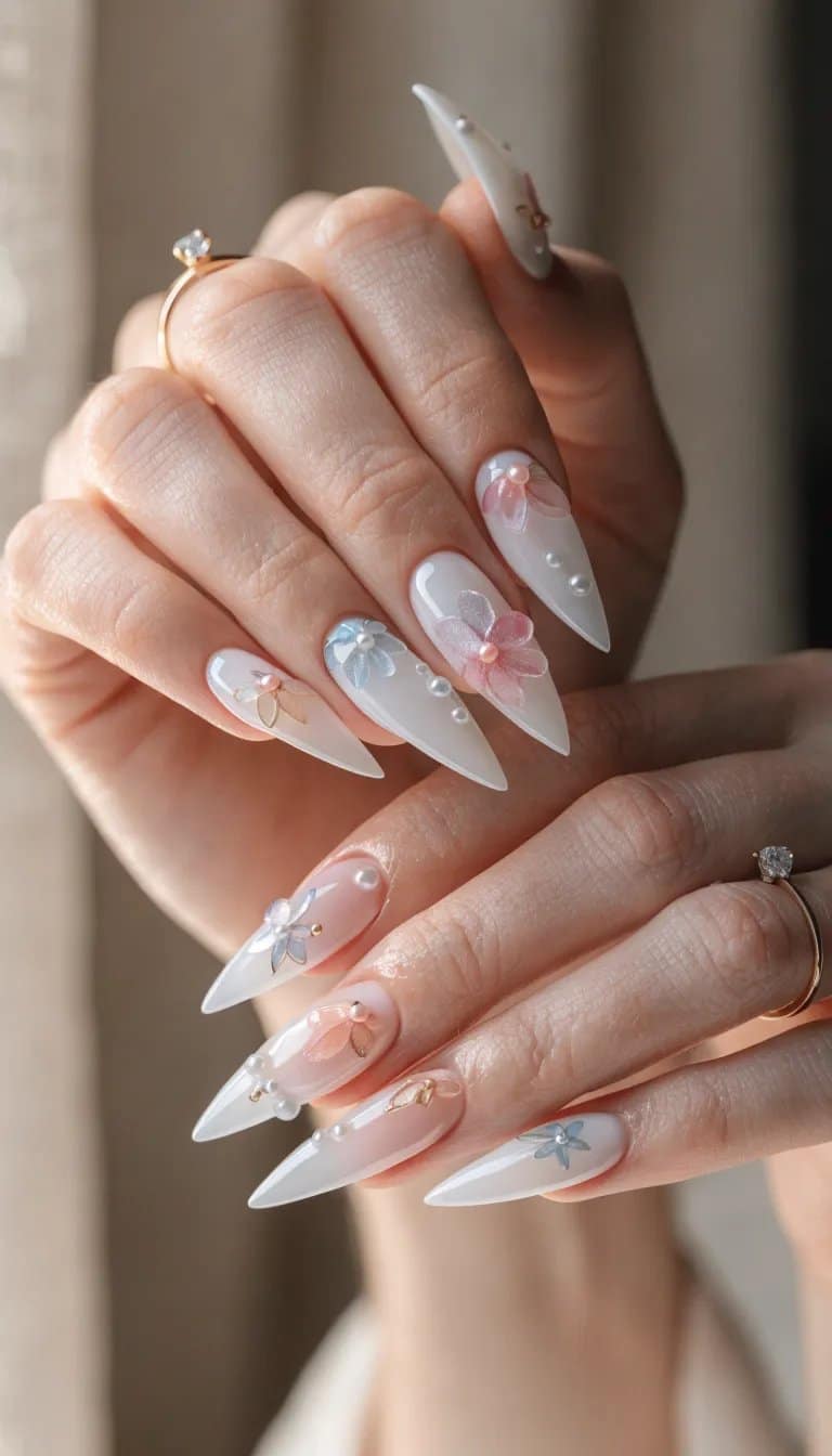 17 Stunning Nail Ideas to Try This Season 4 Stylish manicured hands displaying floral nail art with pastel colors.