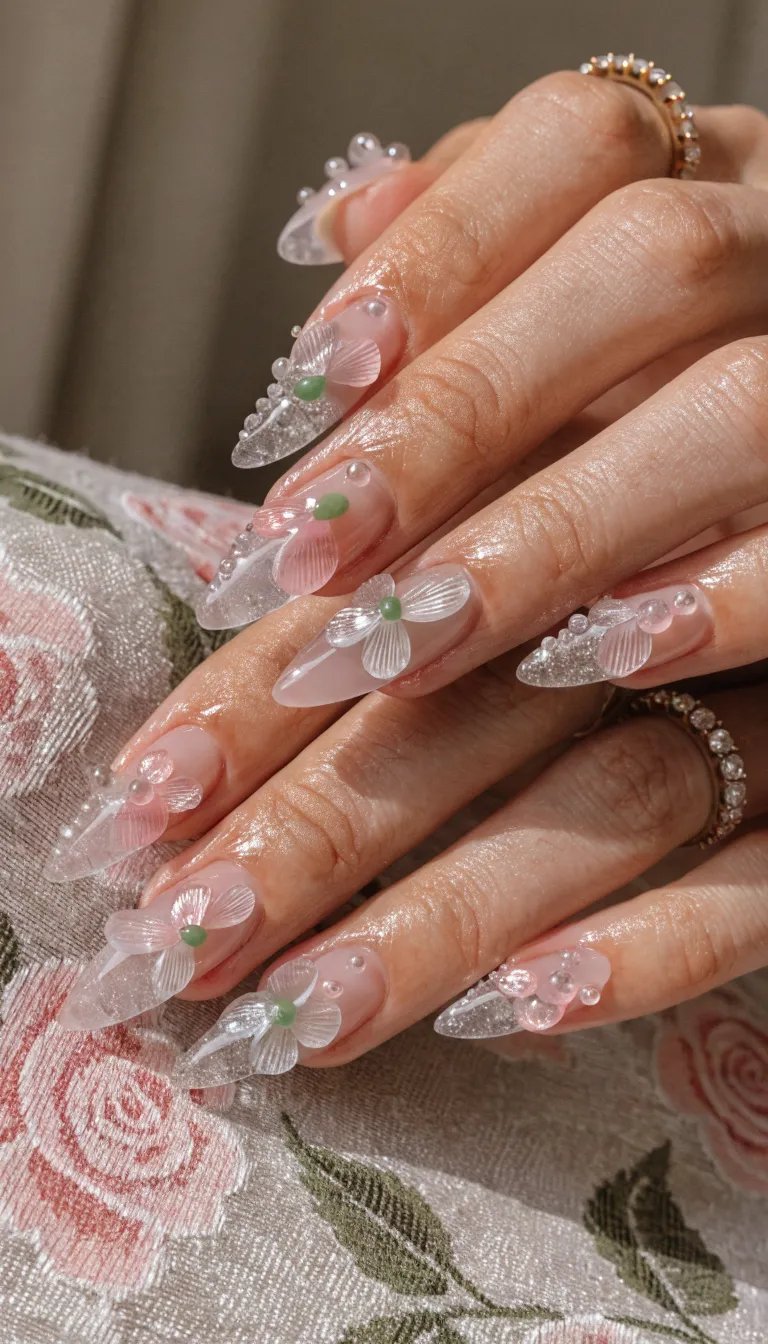 12 Simple Nail Designs You Can Do at Home 6 Close-up of hands with beautifully designed floral acrylic nails featuring soft pastels and clear decorations.