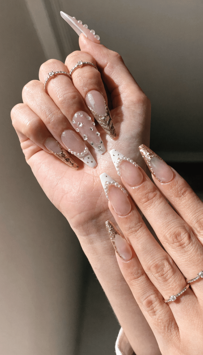 12 Simple Nail Designs You Can Do at Home 11 A stylish set of nails showcasing a modern twist on the classic French manicure with long tips, gold accents, and decorative beads.
