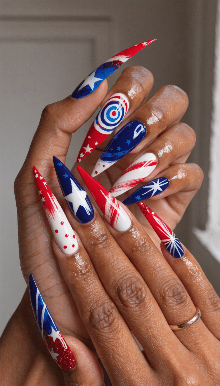 20 Stunning Red, White, and Blue Nail Art Designs for Patriotic Celebrations 10 Nails decorated in red, white, and blue with stars and stripes design
