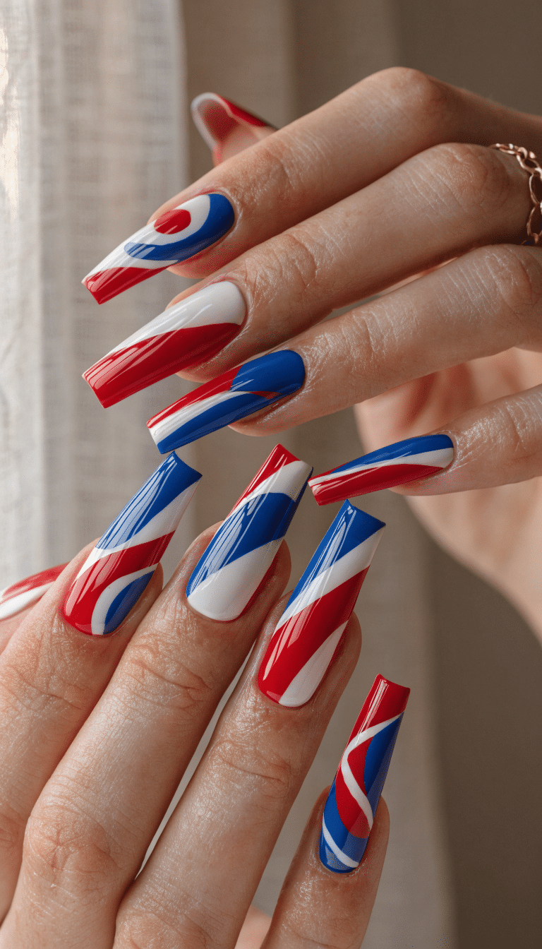 20 Stunning Red, White, and Blue Nail Art Designs for Patriotic Celebrations 4 Nail art featuring red, white, and blue geometric shapes on long nails.
