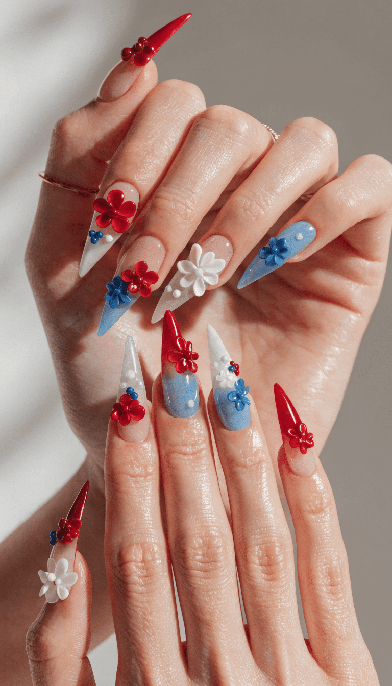 20 Stunning Red, White, and Blue Nail Art Designs for Patriotic Celebrations 20 A set of beautifully designed floral patriotic nail art in red, white, and blue colors.