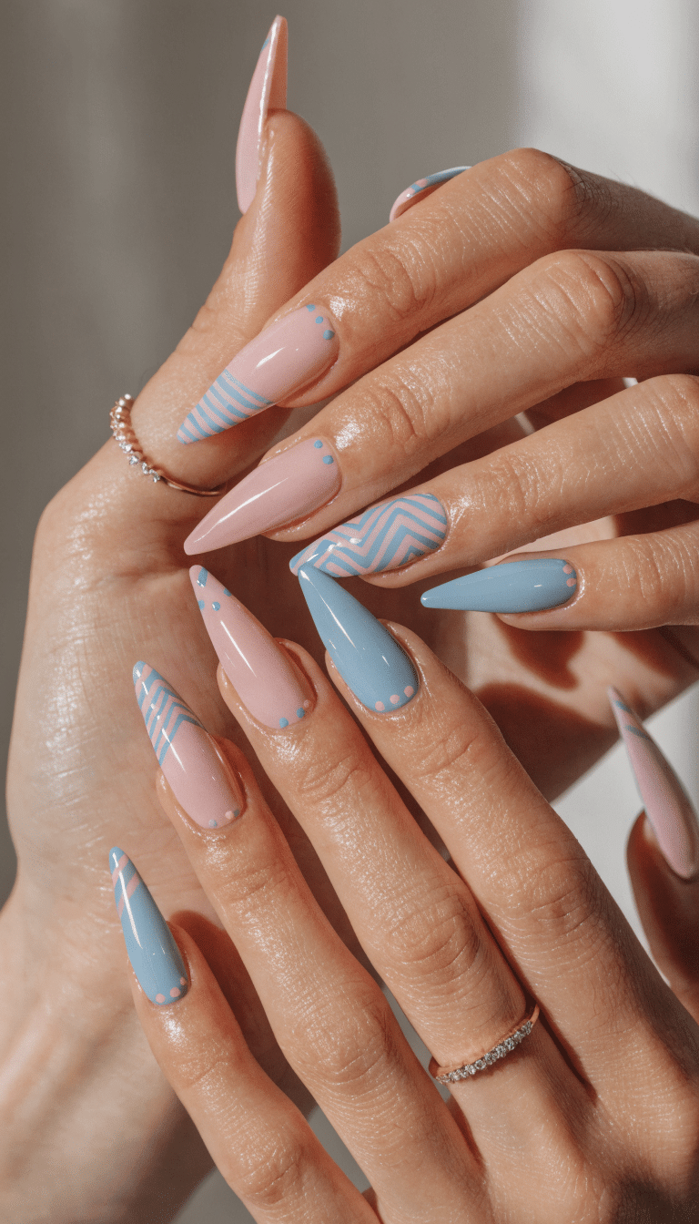 12 Simple Nail Designs You Can Do at Home 13 Stylish minimalist nail art in pastel colors with striped and dotted designs.