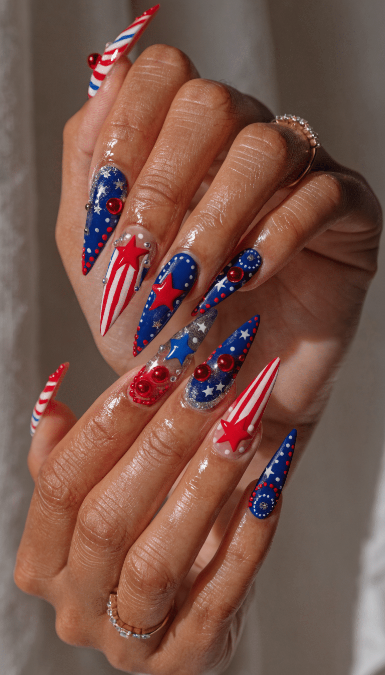 Gorgeous 4th of July nail art featuring red, white, and blue colors, firecracker motifs, and sparkling details.