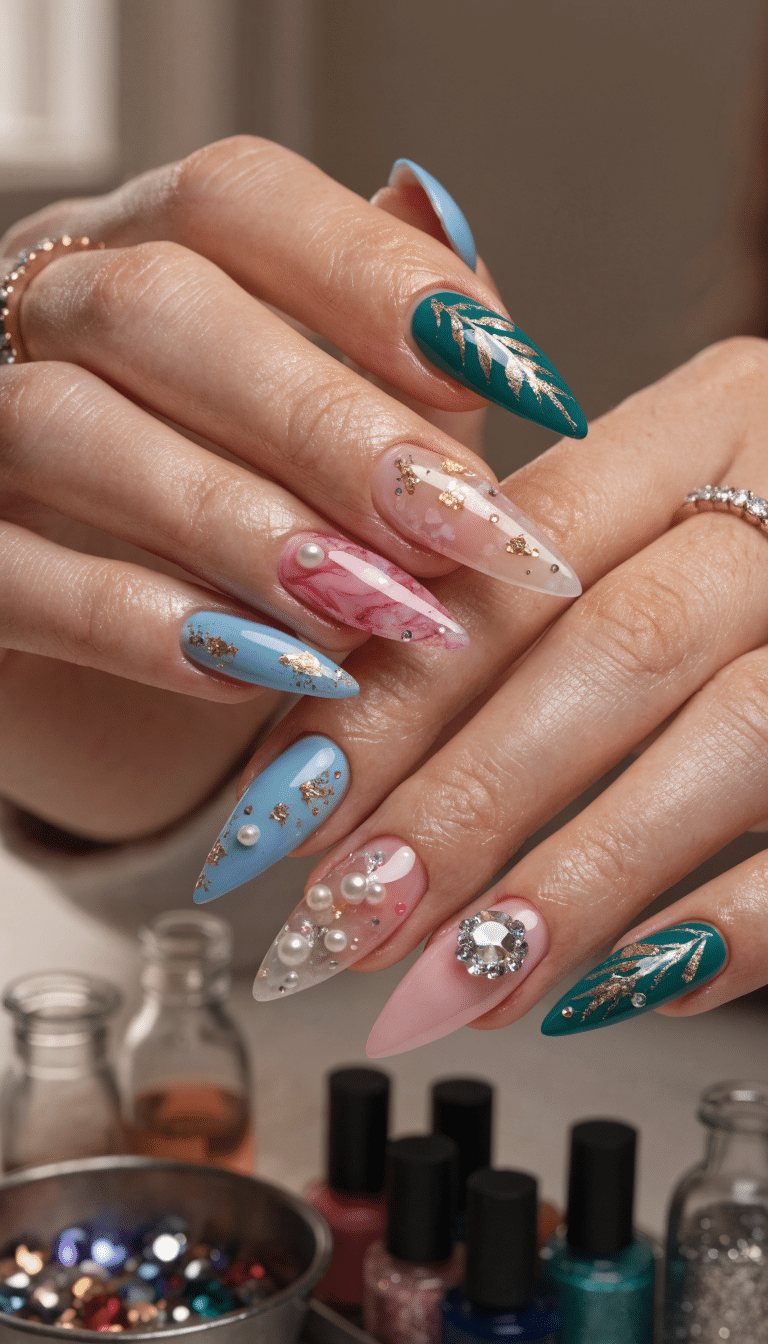 17 Stunning Nail Ideas to Try This Season 9 A close-up of beautifully designed custom nail art featuring various colors, designs, and embellishments, showcasing unique nail ideas.