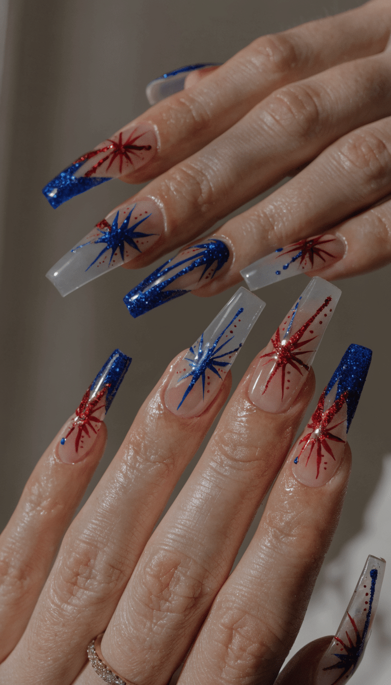 20 Stunning Red, White, and Blue Nail Art Designs for Patriotic Celebrations 19 Negative space star nail design featuring red and blue patterns on a clear base.