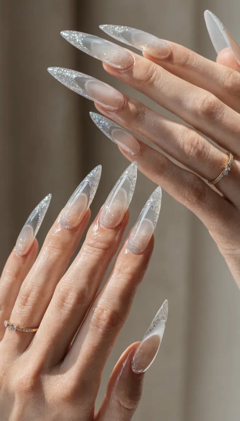 12 Simple Nail Designs You Can Do at Home 7 Close-up of hands showcasing long, pointed nails with clear tips and subtle glitter.