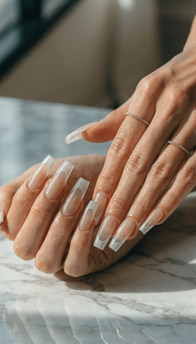 12 Simple Nail Designs You Can Do at Home 9 Close-up of hands with minimalist French tip nails on a marble surface