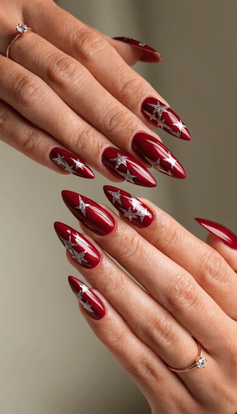Set of hands with long red nails featuring silver star designs.