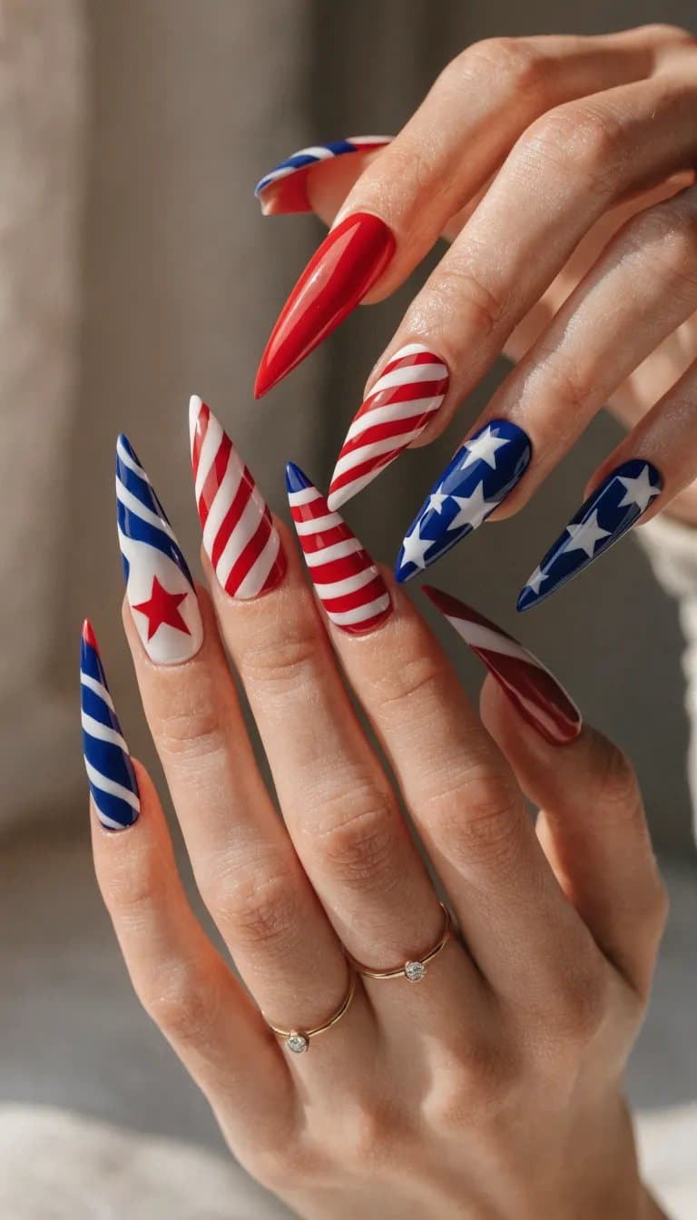 Nail art featuring a red, white, and blue stars and stripes design for 4th of July