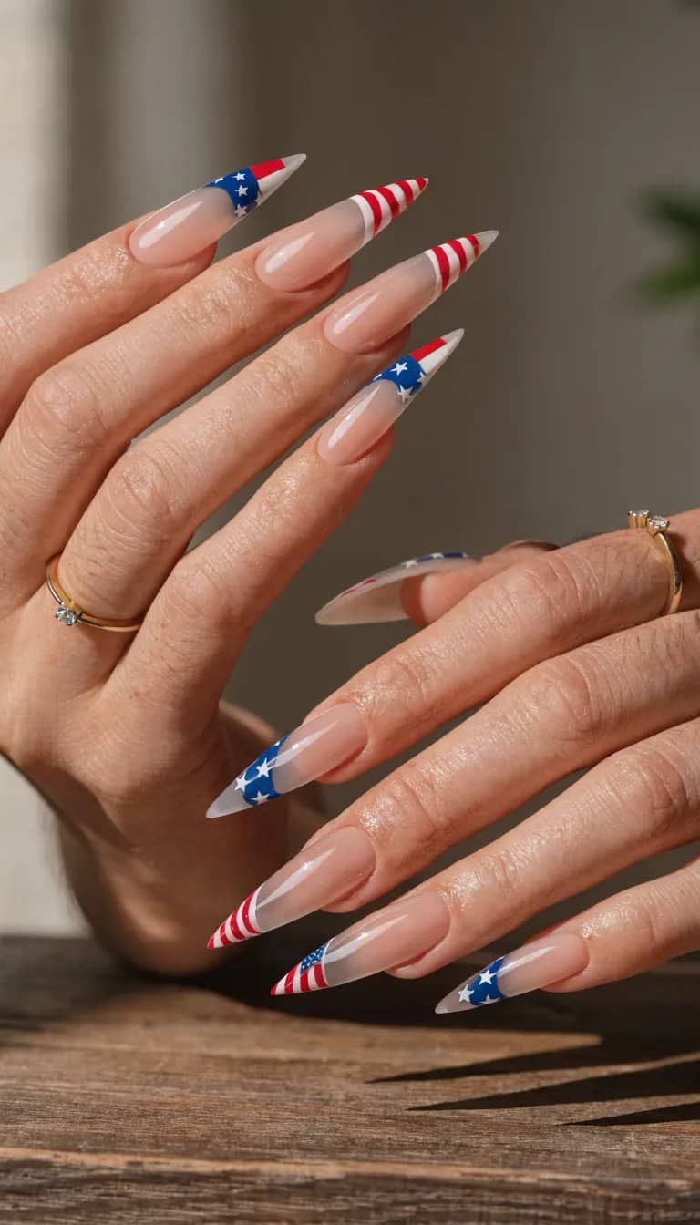 Close-up of a hand with long nails decorated in red, white, and blue, resembling the American flag for 4th of July.