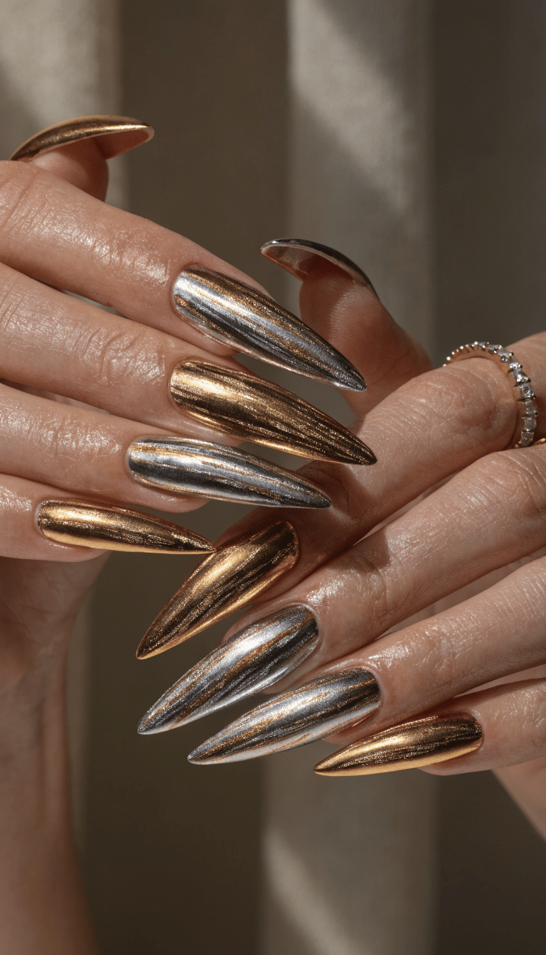 17 Stunning Nail Ideas to Try This Season 6 Close-up of metallic gold and silver nails in sharp shapes.