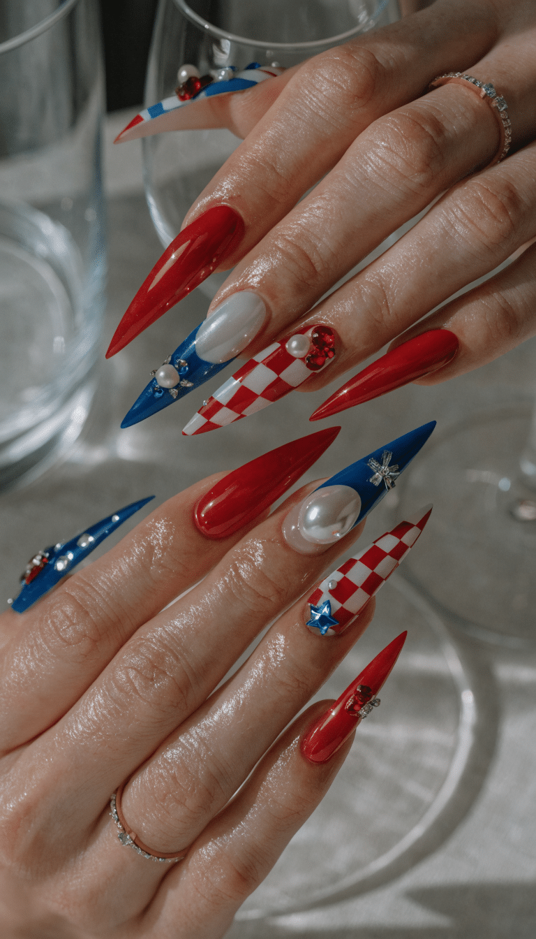 A close-up of beautifully designed 4th of July themed nails with red, white, and blue colors and nail jewelry