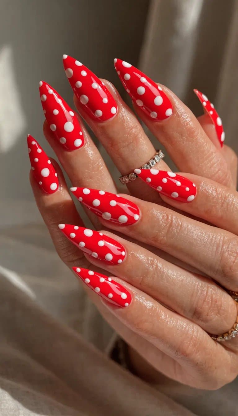 Nails with a glossy red base featuring white polka dots, capturing a playful and festive spirit.