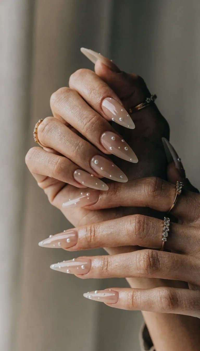 17 Stunning Nail Ideas to Try This Season 5 A pair of hands with pointed nude nails adorned with small pearl accents, showcasing a minimalist nail design.
