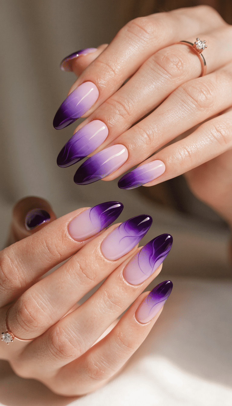 17 Stunning Nail Ideas to Try This Season 3 Hands with ombre purple nail art, showcasing a gradient design from light to dark shades