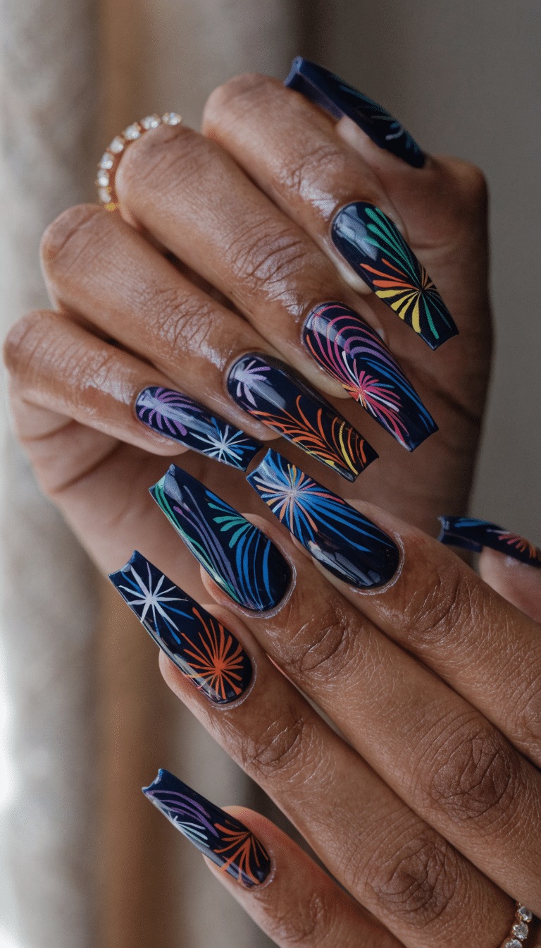 Hand with long nails painted in navy blue with colorful fireworks designs.