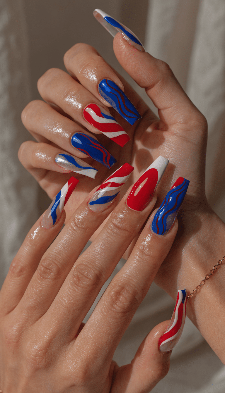 20 Stunning Red, White, and Blue Nail Art Designs for Patriotic Celebrations 11 Nails featuring red, white, and blue designs with wavy patterns and glossy finish.