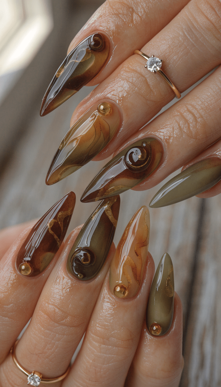 12 Simple Nail Designs You Can Do at Home 10 A close-up of stylish nails painted in earthy tones, featuring swirls of brown and green with glossy and golden accents.
