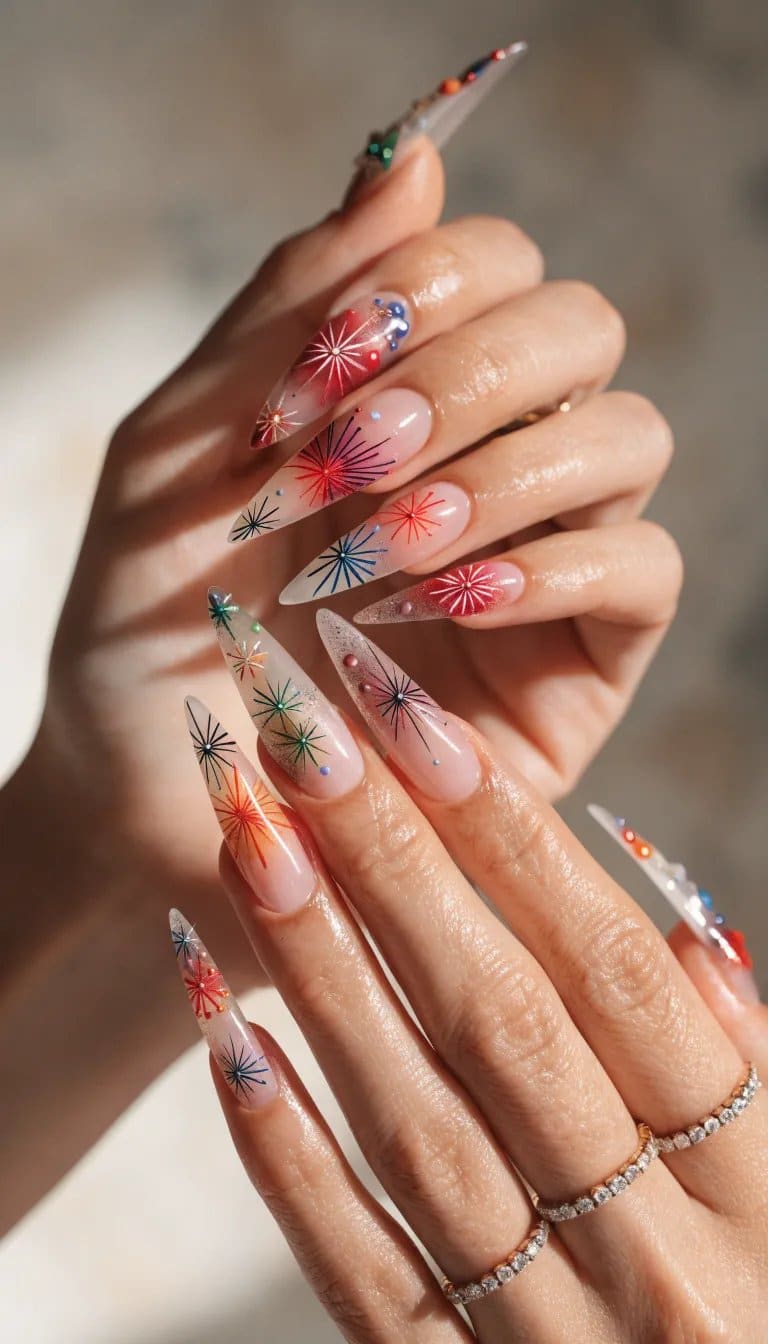 A close-up view of beautifully designed firework-inspired nails in red, blue, and white.