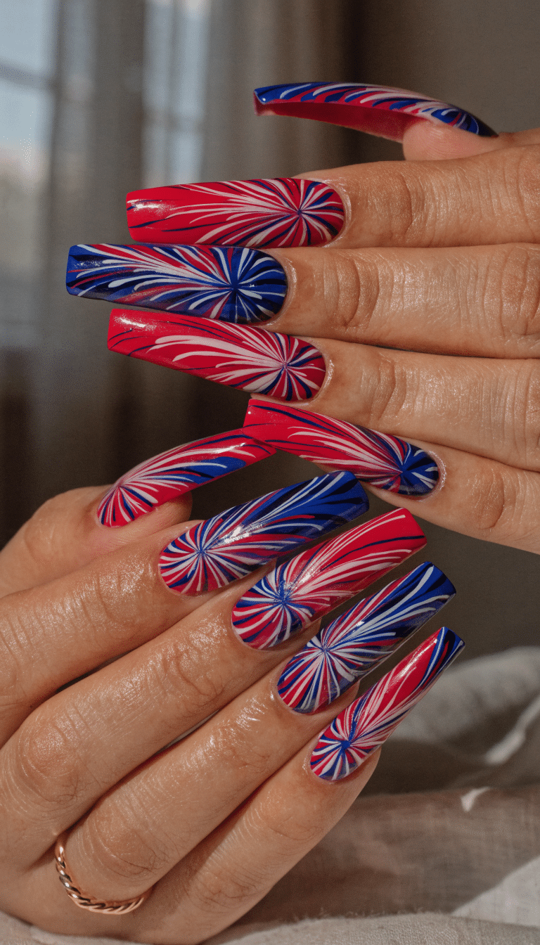20 Stunning Red, White, and Blue Nail Art Designs for Patriotic Celebrations 8 Close-up of hands showing nails painted with red, white, and blue fireworks burst design.