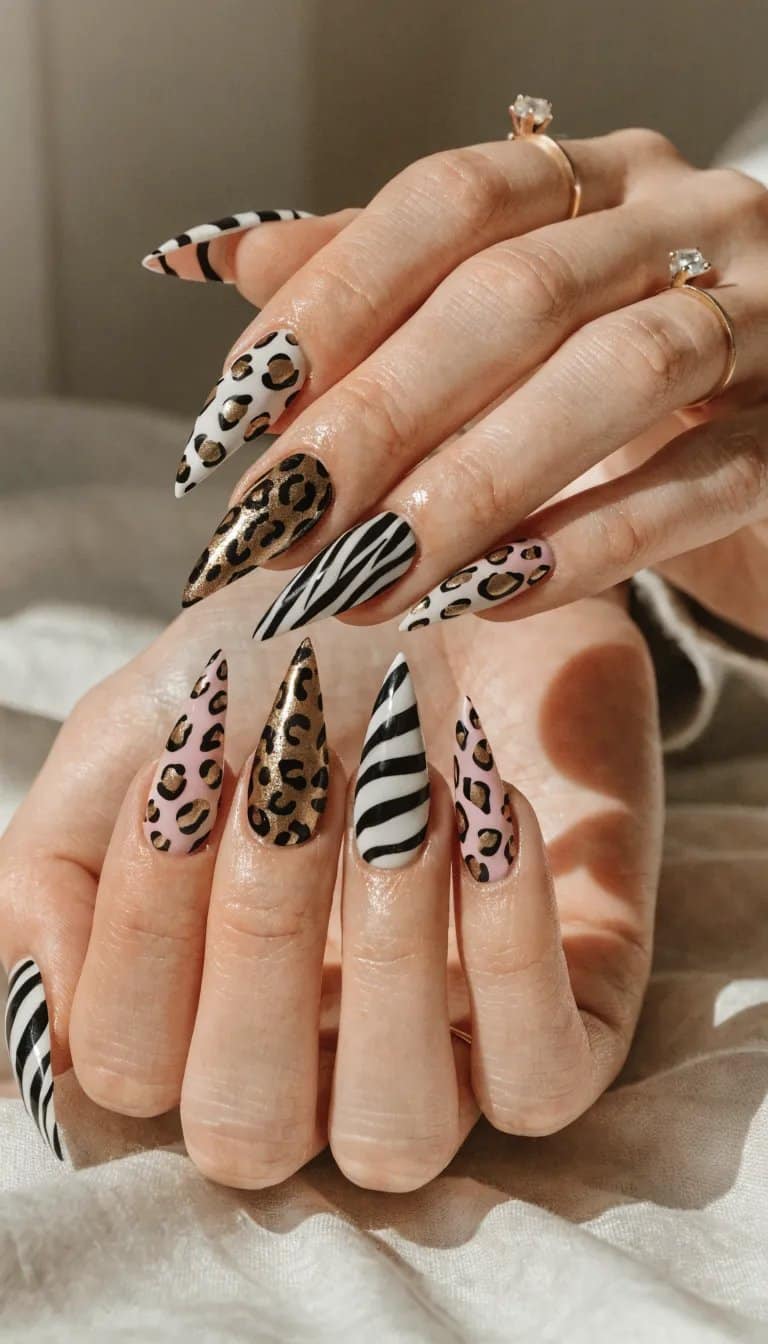 17 Stunning Nail Ideas to Try This Season 11 Nails featuring a mix of animal prints including leopard and zebra patterns.